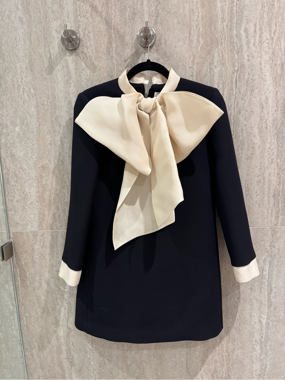 Celine Black Long-Sleeve Dress with Cream Bow Neck